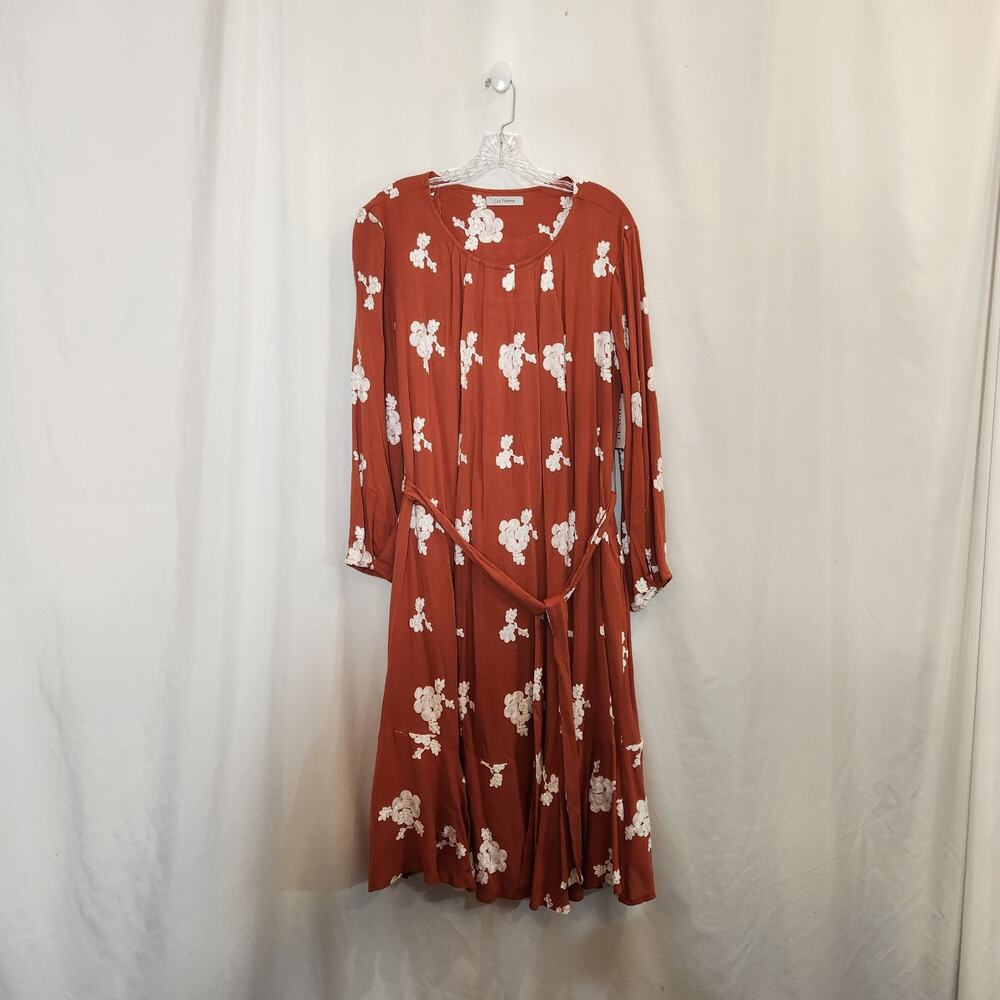 CES‎ FEMME Orange White Hippie Crotched Botanical LS Smocked Midi Dress Womens M